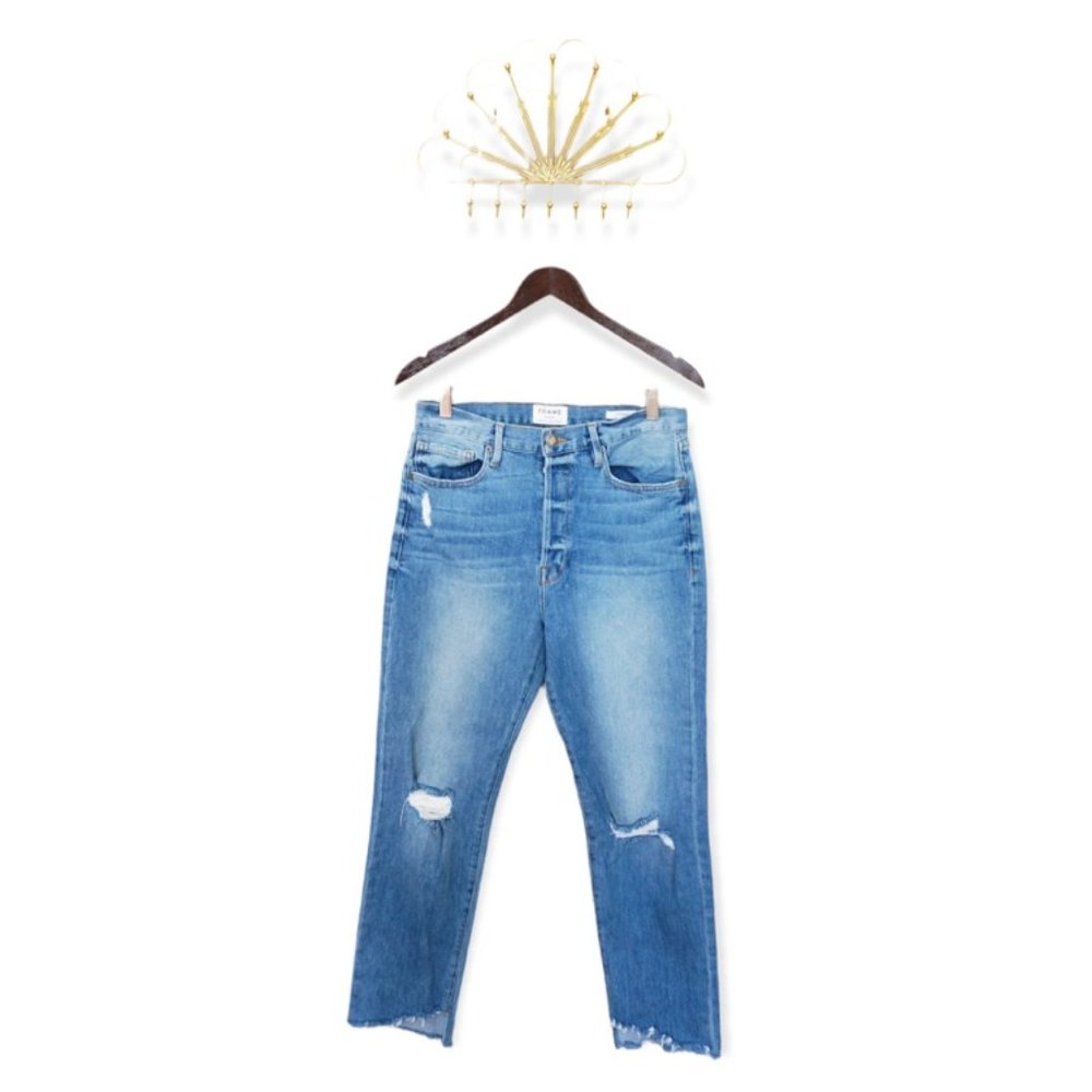 Frame Le Original High Rise Button Fly Distressed Medium Wash Straight Leg Jeans
